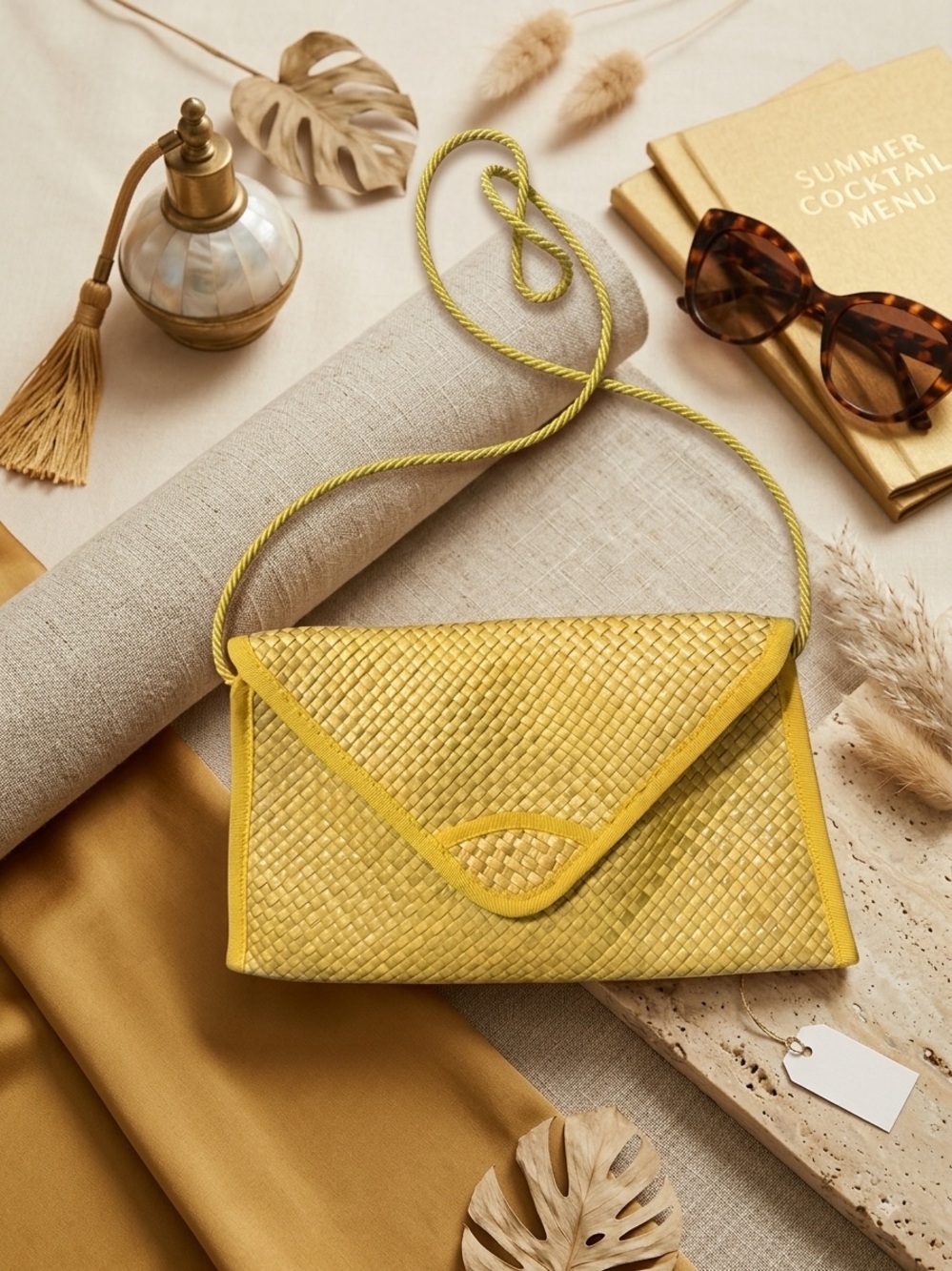Vintage Liz Claiborne Yellow Woven Raffia Crossbody Clutch 80s Made In Italy